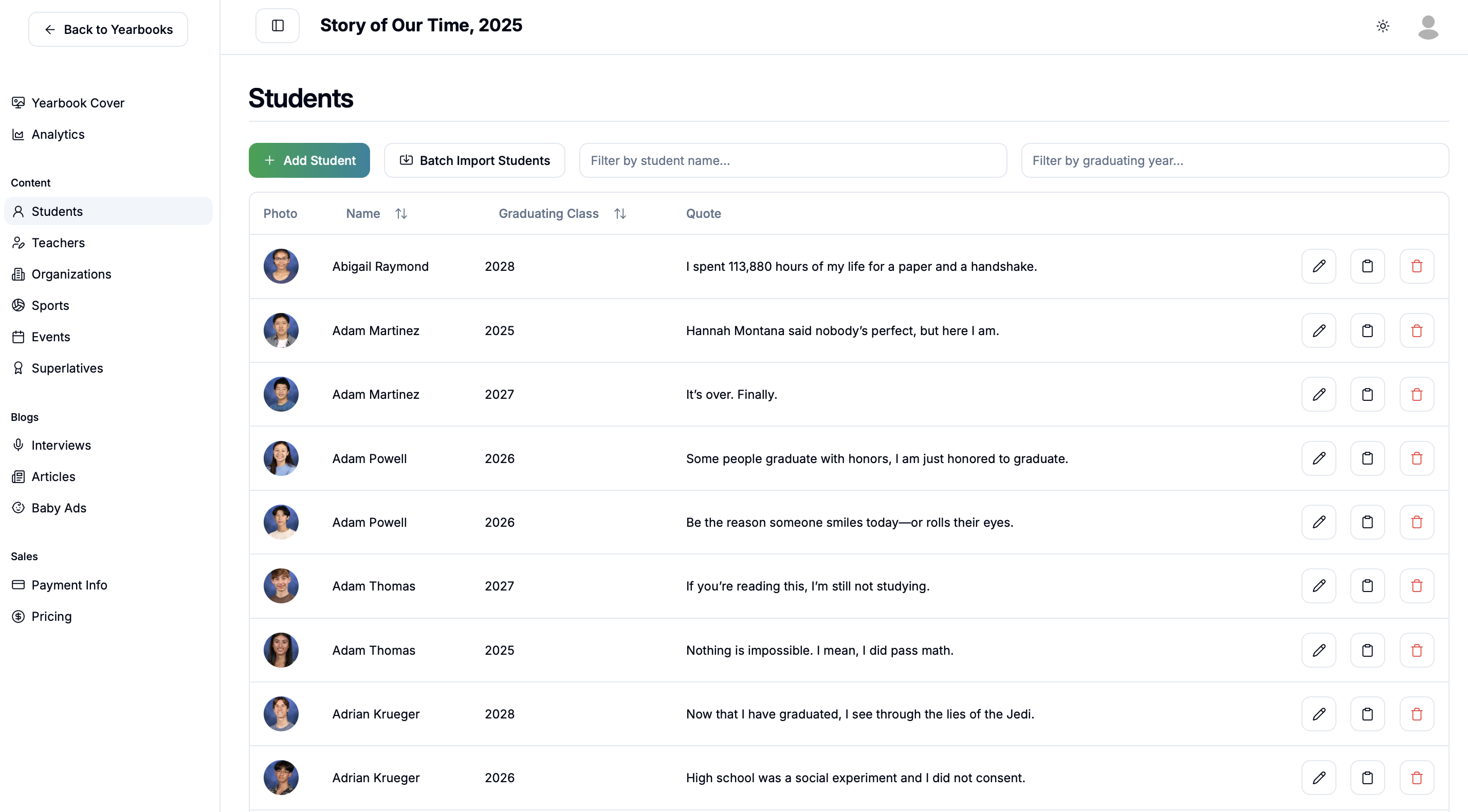 Interactive Yearbook UI